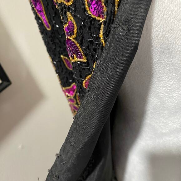 Vintage Sequin Jacket Size Medium Fuchsia Pink Floral Print on Black Silk - Picture 9 of 10